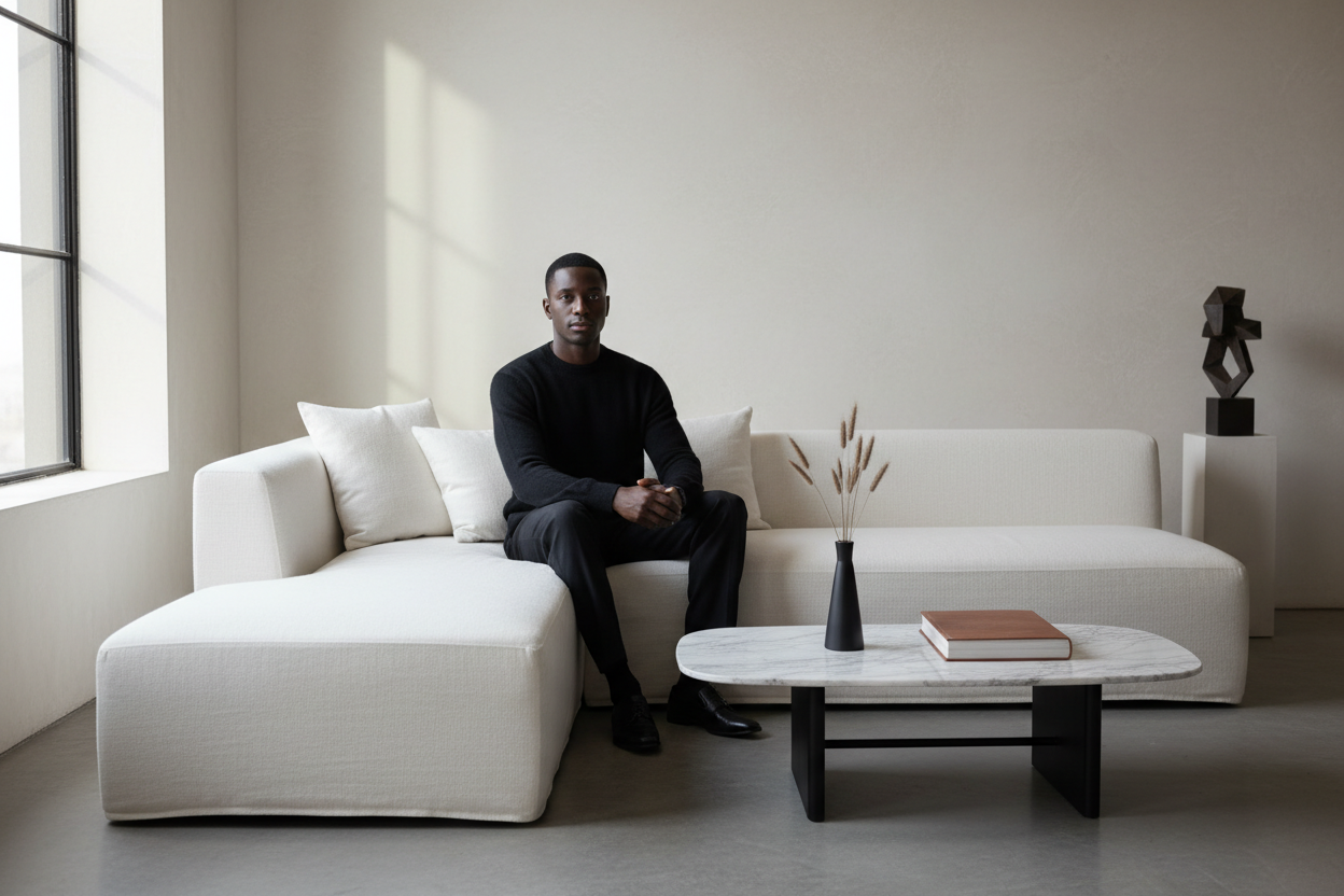 Black male in black crewneck sitting on white couch 